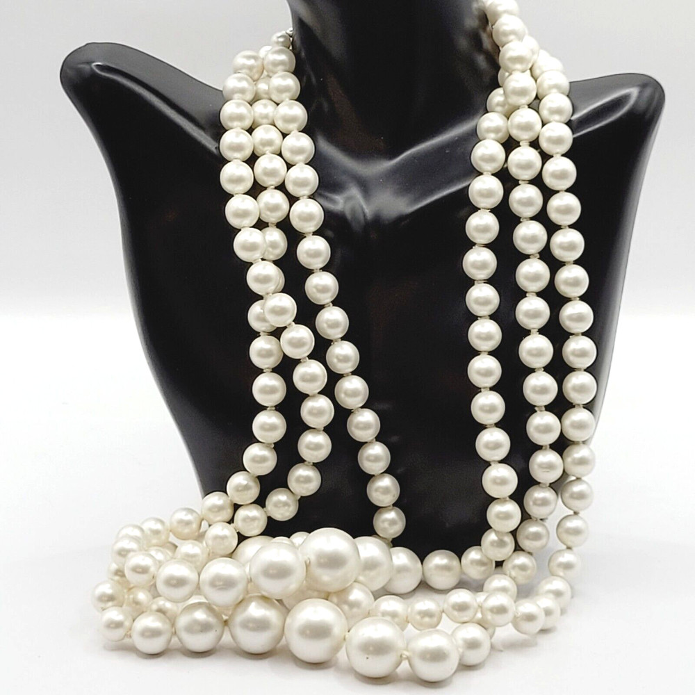 Triple Strand Chunky Simulated Faux Pearl Knotted Necklace Vintage Japan 24 Inch