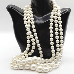 Triple Strand Chunky Simulated Faux Pearl Knotted Necklace Vintage Japan 24 Inch