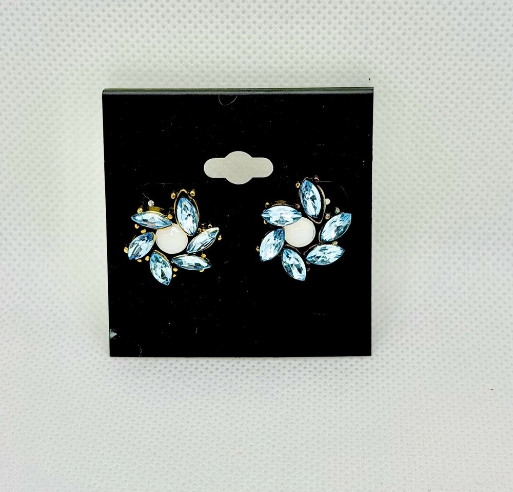 Vintage Style Blue Marquise Rhinestone and Faux Pearl Flower Cluster Earrings