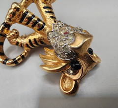 Vintage JOMAZ Tiger Brooch Signed Joseph Mazer Rhinestone Enamel Gold Tone Pin