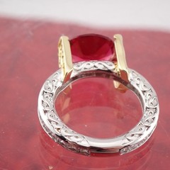 Vintage Tension Set Oval Red Crystal Clear Sides Silver Gold Tone Size 6 Ring