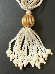 Vintage Faux Pearl Gold Tone Multi Strand Tassel Statement Necklace 28 Inch