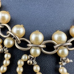 Vintage Faux Pearl Fringe Chain Necklace Gold Tone Beaded Dangle Charm Old Clasp