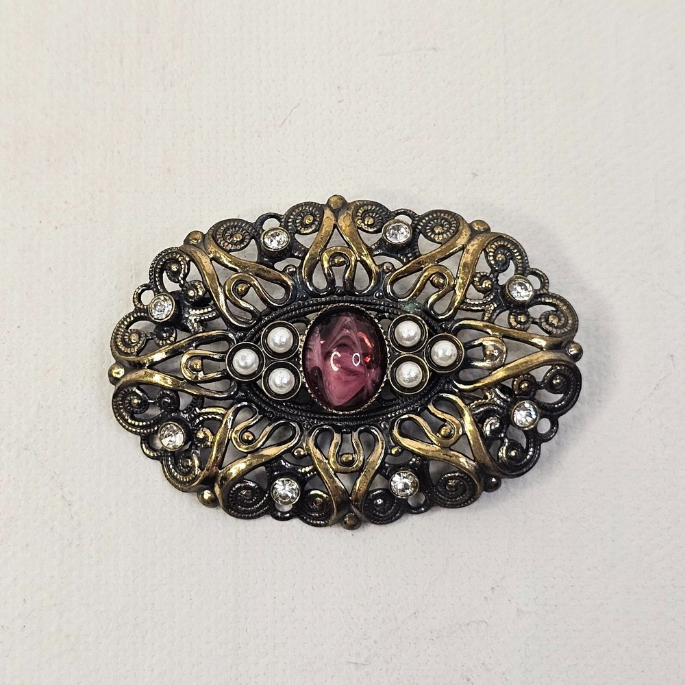 Silver Gold Tone Purple Clear Rhinestone Brooch Unmarked Vintage Pin