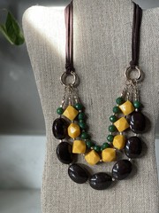 Chunky Vintage Boho Geometric Bead Cord Necklace Green Brown Yellow Statement