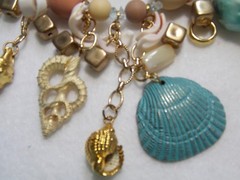 Massive Signed ROXSANN Statement Bib Necklace Sand/Blue Wood GP Shells MOP 25″