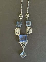 Art Deco 1920’s Filigree Flapper Necklace w/ Square Cut Blue Glass