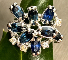 Vintage Spray Ring Estate Fine Jewelry Sz 7 18K White Gold Plated Blue Marquise