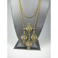 Enamel Floral Dangle Pendant Necklace 21 in Goldtone Multi Strand Chain Vintage