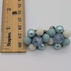 Vintage Signed Japan Blue White Beaded Cluster Clip-On Earrings Silver Tone