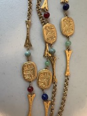 Vintage Egyptian Revival 46” Art Glass Bead & Hieroglyphic Tablets Necklace WOW!