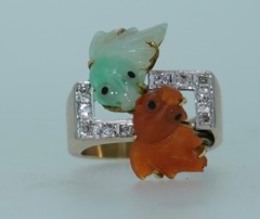 14K Jade Koi Fish and Diamond Ring