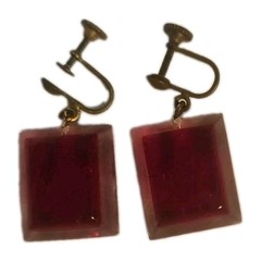 Vintage Pair of Square Shape Acrylic Screwback Earrings With Beetles Red