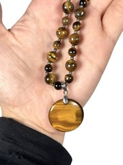 Vintage TIGERS EYE Stone Round Bead Dangle Disk Pendant Necklace Spacer Beads