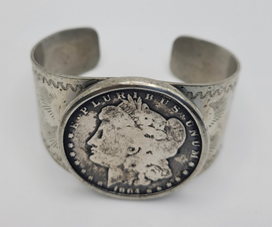 Morgan 1904 Silver Dollar Coin Cuff Bracelet 925 Thunderbird Jewelry Maker 62g