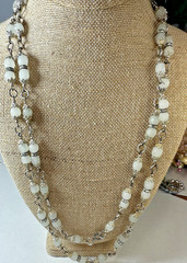 Vintage Necklace Frosted White Beads Chain Heavy Glass 56 in