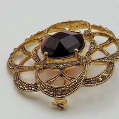 Vintage Monet Flower Brooch Gold Tone Clear And Red Rhinestone 45 mm Signed
