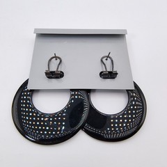 VintageBlack Onyx Door Knocker Earrings Hoops Omega Back Silver Tone 80s 90s