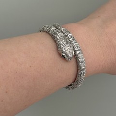 Snake Serpent Bracelet Clear CZ Green Eyed Silver Tone Sparkly Hinged Bangle