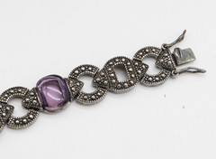 PAJ BB Purple Bracelet Silver Link Art Deco Style Marcasite Glass Amethyst