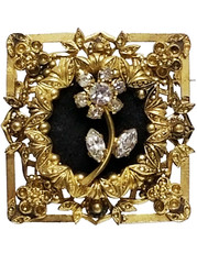 Antique Gold Tone Repousse Rhinestone Flower & Black Felt Pin Brooch AUSTRIA