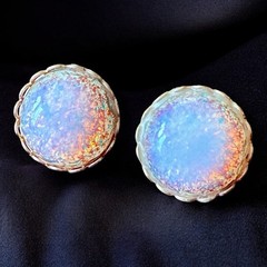 Opal Glass Clip On Earrings Iridescent Dome Gold Tone Vintage Mid Century