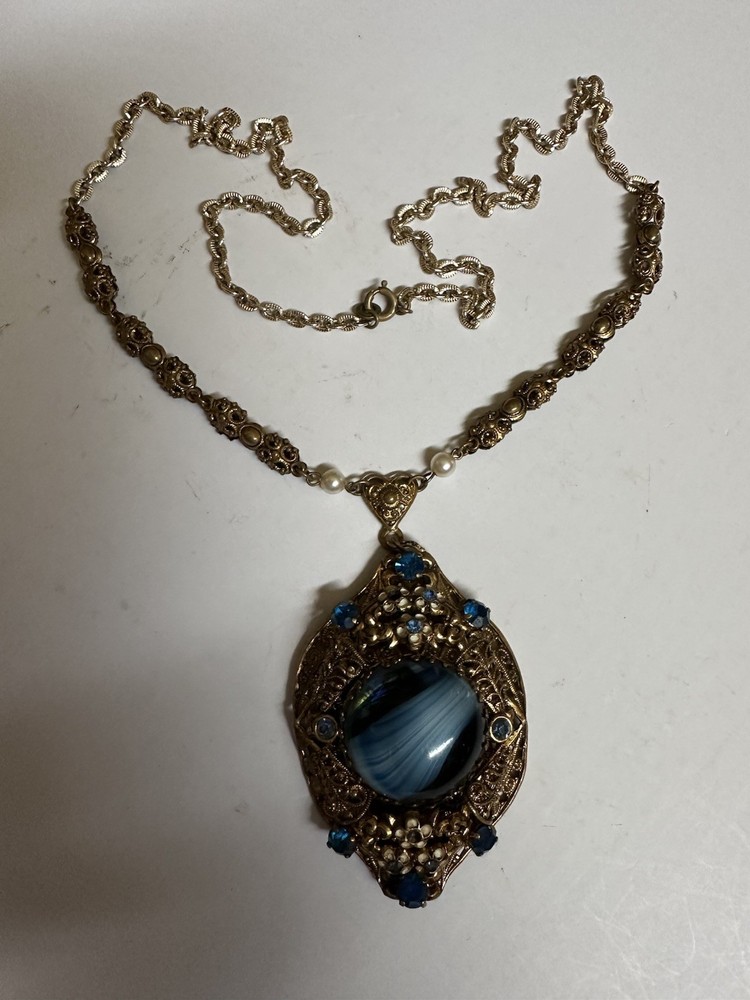 Vintage West Germany Peacock Blue Cabochon Rhinestones Filigree 24” Necklace
