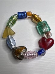 Vintage Art Glass Large Bead Multicolored Stretchable Bracelet | Hearts