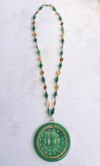 Rare Vintage Large Faux Jade LUCITE Medallion Pendant Necklace Carved—Hong Kong