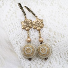 Gold Flower Dangle Earrings: Vintage Style Acrylic Pearl Bead Handmade Jewelry