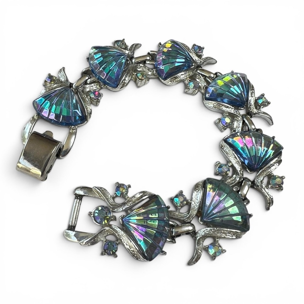 Vintage Coro Bracelet with Blue Aurora Borealis Fan Shell Cabochons