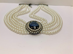 RDC Vintage Faux Pearl Blue Stone Pendant Choker Necklace Costume Jewelry
