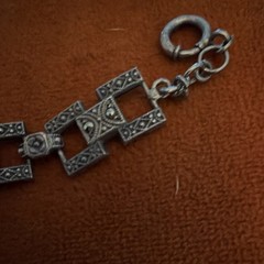Vintage Art Deco Sterling Silver Carnelian Marcasite Panel Link Bracelet 1930s