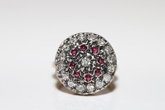 Antique Circa 1900s 18k Gold Top Silver Natural Diamond And Cabochon Ruby Ring