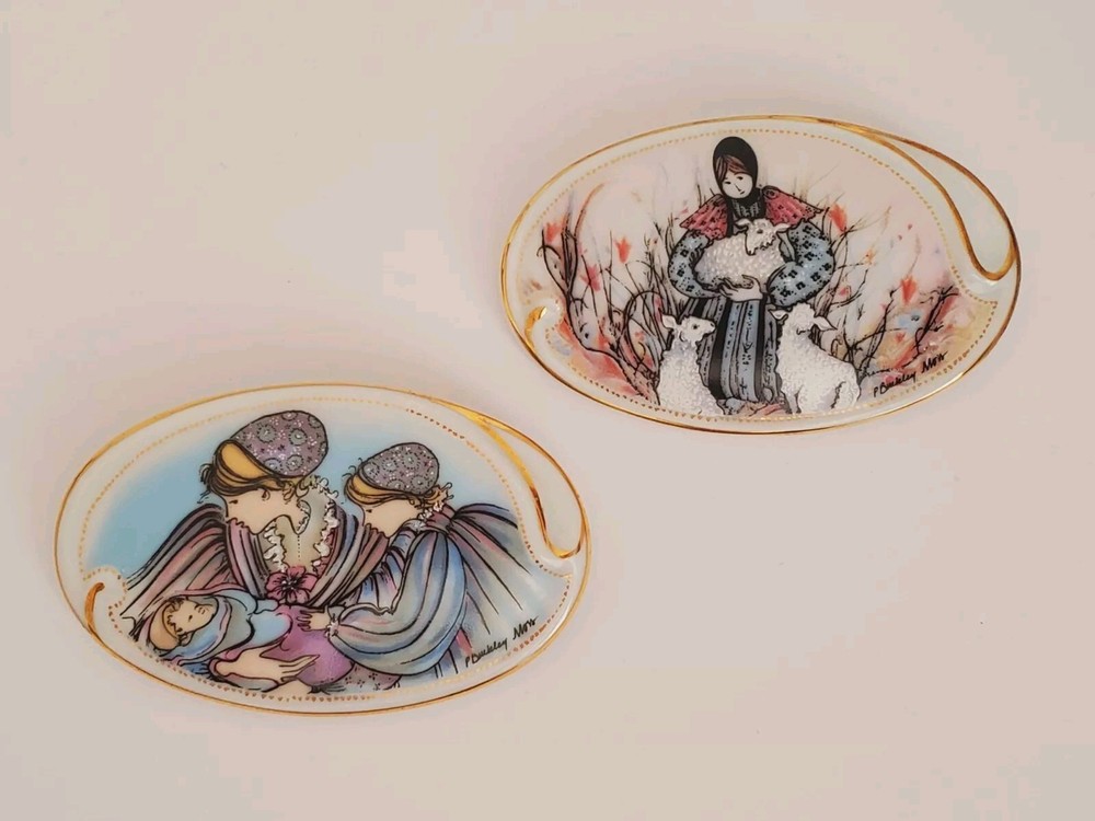 Lot of Two P Buckley Moss Anna Perenna Signed Numbered Oval Pins 1989 & 1990