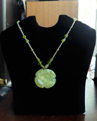 Vintage Green Prehnite- Green Spinel Beads-Flower Pendant Bead Necklace 19”