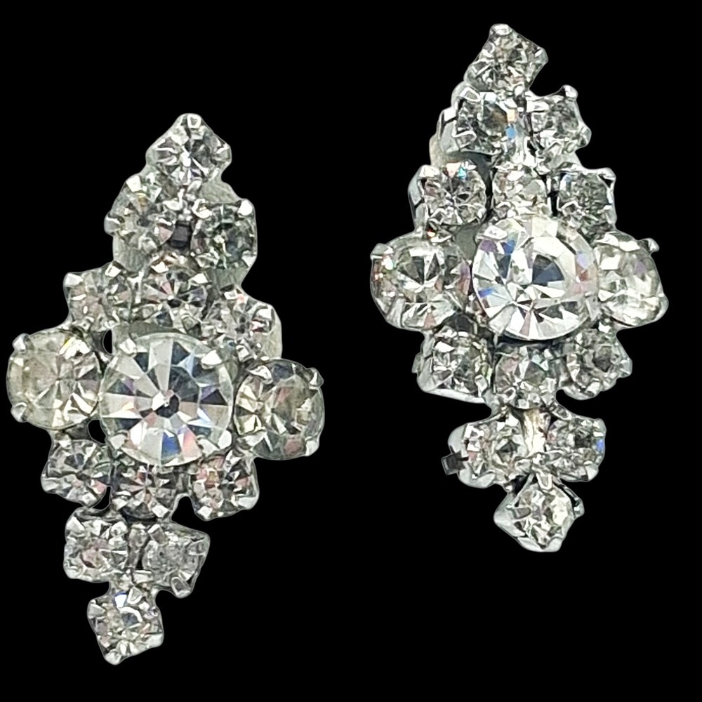 Vtg 1950 Midcentury Prong Set Rhinestone Cluster Climber Clip Earrings 1.5″
