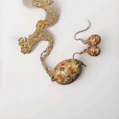 Vintage Chinese Cloisonné Enamel Egg Pendant Necklace & Earrings Set Gold Tone