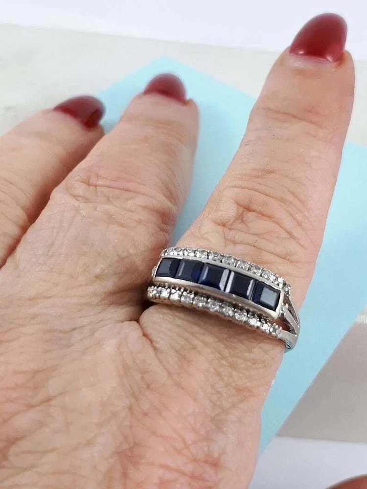 Art Deco Style Blue Sapphire Lab Created Diamond 14K White Gold Birthday FN Ring