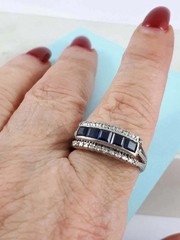 Art Deco Style Blue Sapphire Lab Created Diamond 14K White Gold Birthday FN Ring