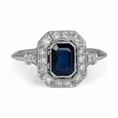 Art Deco Style Lab Created Sapphire Diamonds Bezel Engagement 14K Gold FN Rings