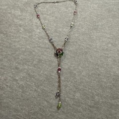 VTG Sterling Silver Lariat Necklace Crystal Bead Handblown Glass Pendant Colored