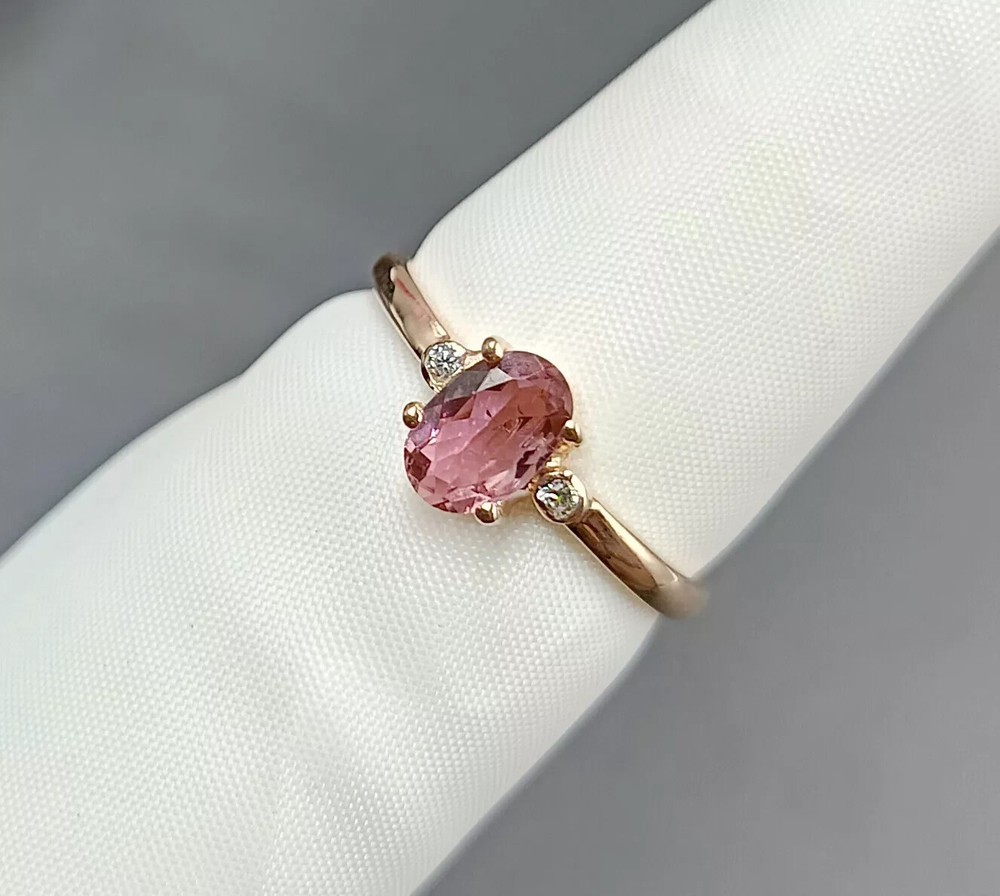 Oval Cut Pink Tourmaline Ring 14K Rose Gold Diamond Ring Gemstone Stacking Ring⭐
