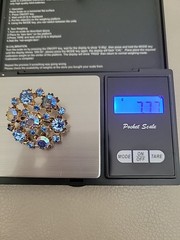Vntg Domed Round Blue Rhinestones & Aurora Borealis Crystals Golden Brooch