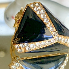Vintage Ciner Asymmetrical Gold Plated Black Enamel Crystal Clip-On Earrings