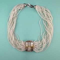 Vintage Seed Bead Opalite Necklace Multi Strand Large Oval Station Pendant 17″