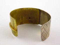 Vintage Sterling Silver and Brass Black Onyx Wide Cuff Bracelet 6.75 In V GOOD