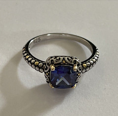 Simulated Square Blue Sapphire Stone Ring Scrolls & Beading on Band Size 8