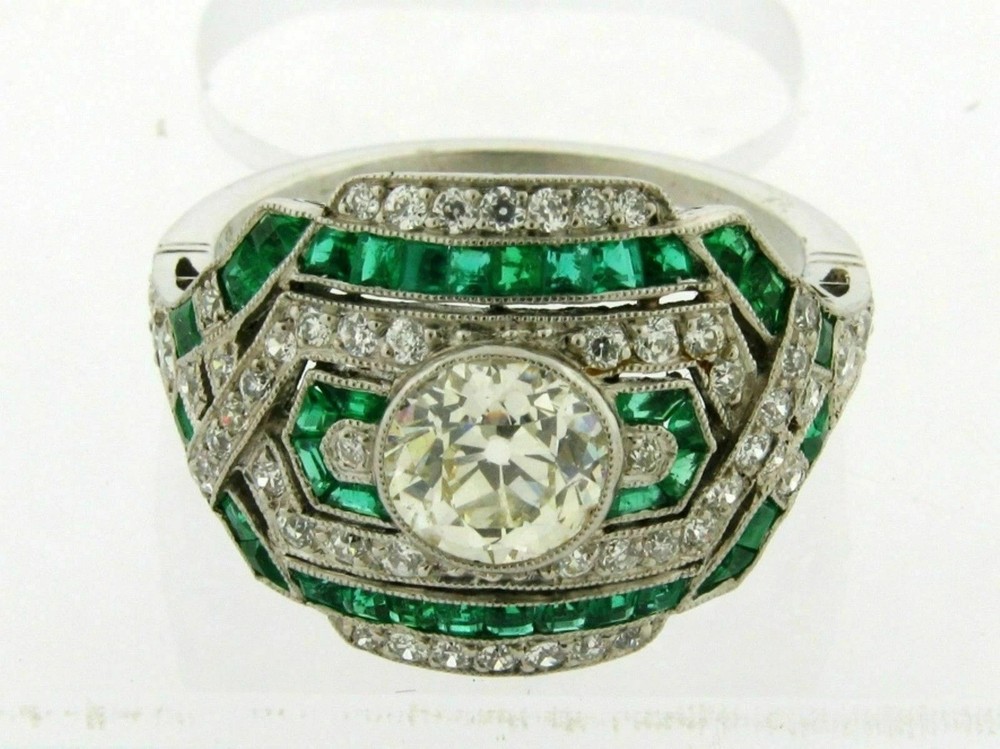Art Deco Round Lab Created Diamond & Emerald Wedding 14K White Gold Finish Ring