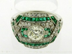 Art Deco Round Lab Created Diamond & Emerald Wedding 14K White Gold Finish Ring